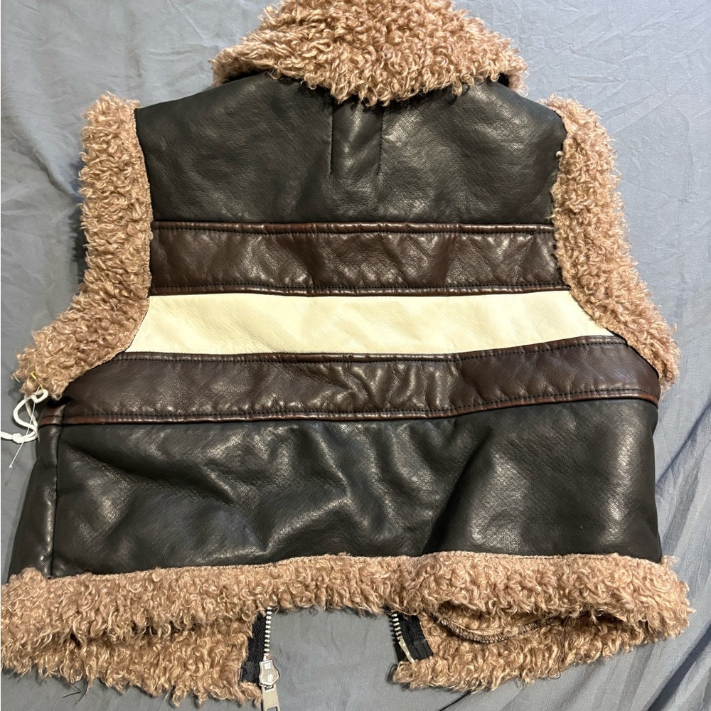 Brown and Cream Faux Fur Leather Vest